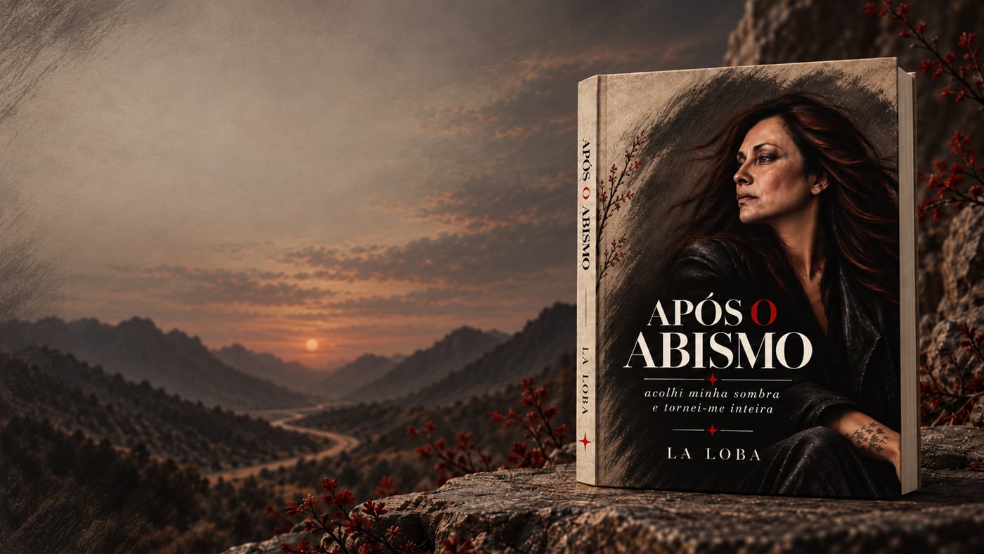 Capa do livro Após o Abismo, de La Loba: mockup do livro físico sobre uma pedra, com paisagem de estrada e montanhas ao entardecer ao fundo